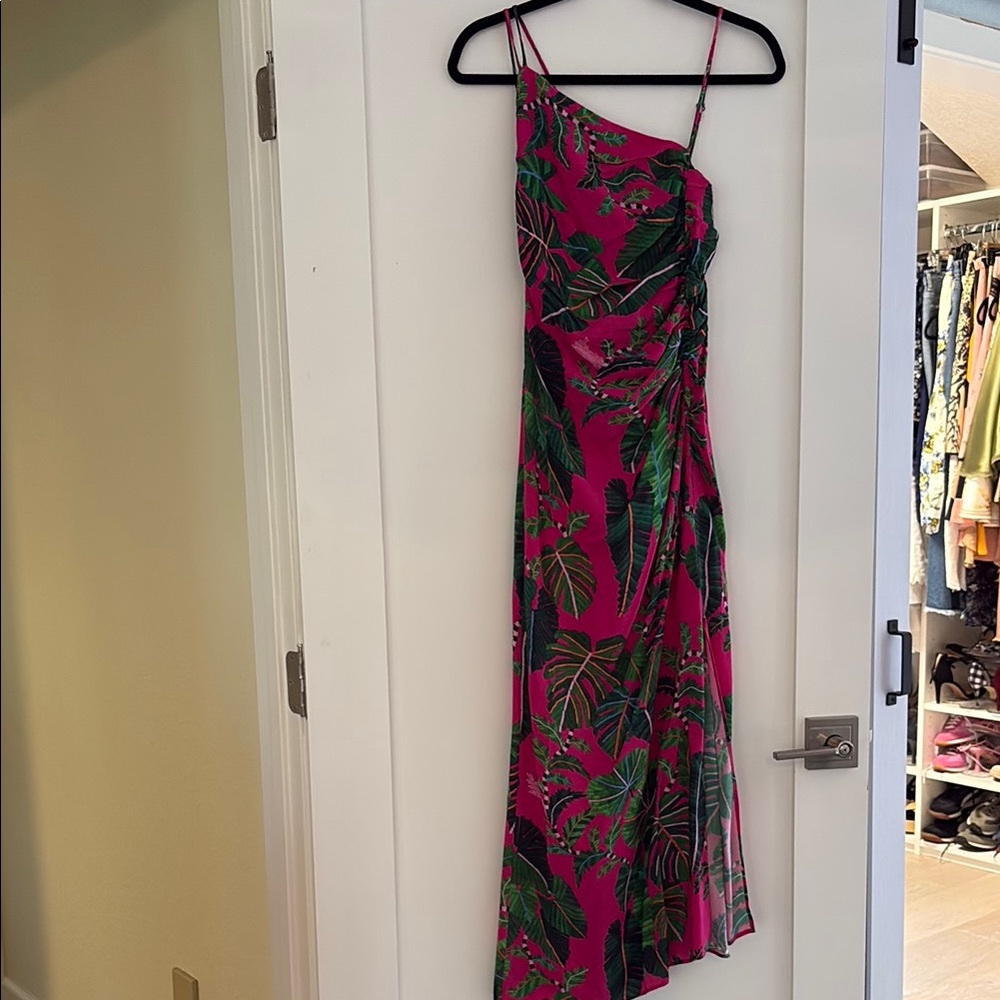 FARM Rio One-Shoulder Pink and Green Dress